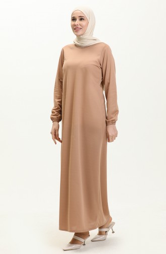 Basic Hijab Kleid mit elastischen Ärmeln 4158-09 Beige 4158-09