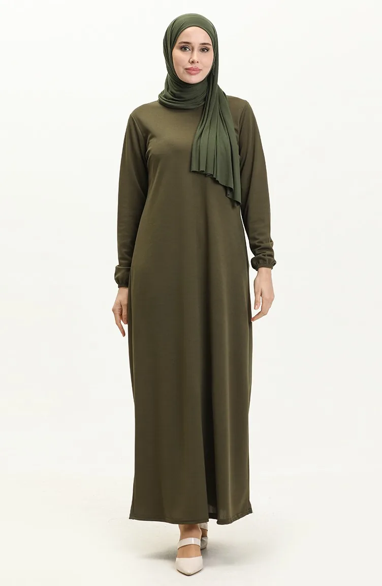Basic Hijab Kleid mit Gummizug 4158-11 Khaki Grün 4158-11