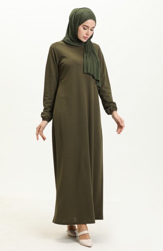 Basic Kol Ucu Lastikli Tesettür Elbise 4158-11 Haki Yeşil