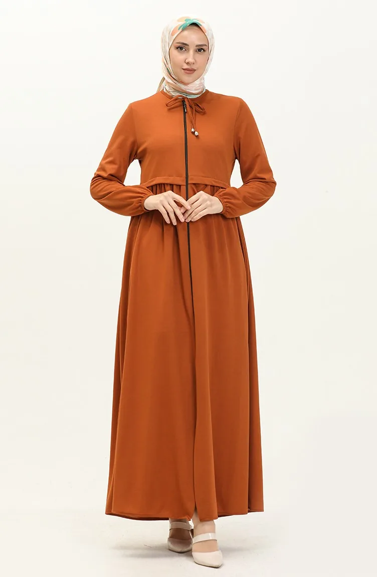 Büzgülü Fermuarlı Ferace 0569-01 Taba