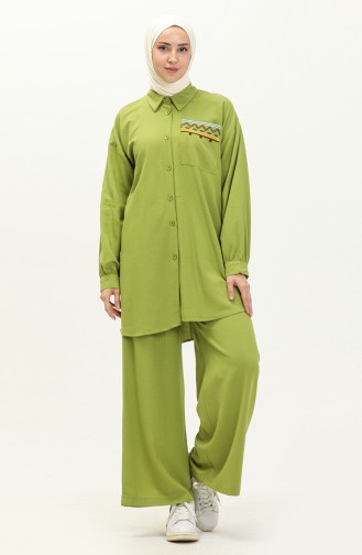 Nakışlı Keten Tunik Pantolon İkili Takım 24Y8972A-01 Fıstık Yeşili