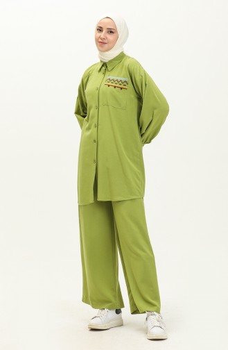 Nakışlı Keten Tunik Pantolon İkili Takım 24Y8972A-01 Fıstık Yeşili