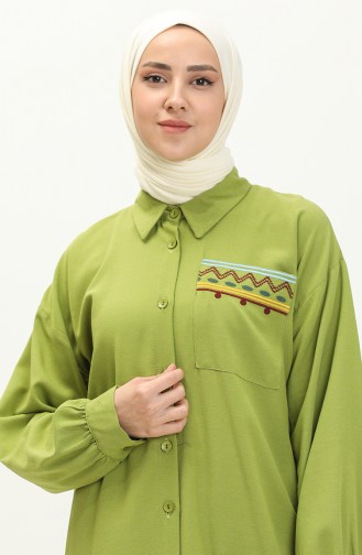Nakışlı Keten Tunik Pantolon İkili Takım 24Y8972A-01 Fıstık Yeşili