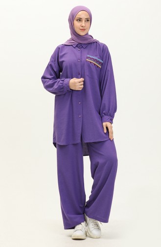 Embroidered Linen Two Piece Suit 24Y8972A-02 Purple 24Y8972A-02