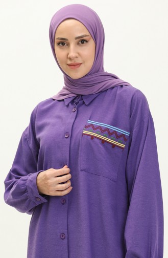 Nakışlı Keten Tunik Pantolon İkili Takım 24Y8972A-02 Mor