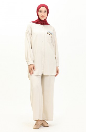 Nakışlı Keten Tunik Pantolon İkili Takım 24Y8972A-07 Taş