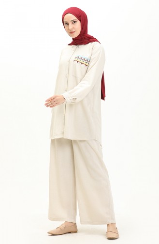 Nakışlı Keten Tunik Pantolon İkili Takım 24Y8972A-07 Taş