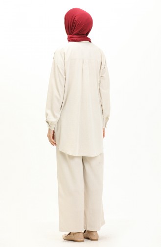 Nakışlı Keten Tunik Pantolon İkili Takım 24Y8972A-07 Taş