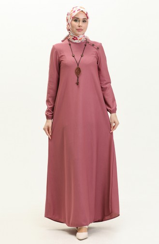 Button Detailed Necklace Dress 4141-03 Dusty Rose 4141-03