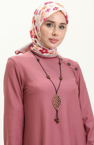 Button Detailed Necklace Dress 4141-03 Dusty Rose 4141-03