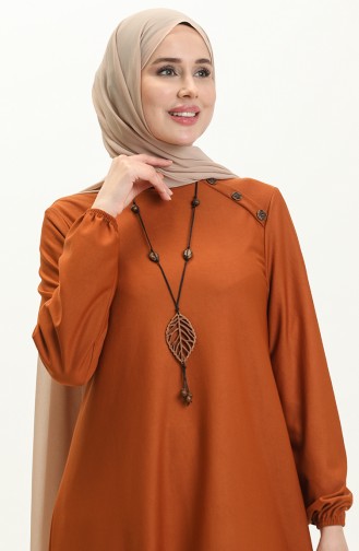 Button Detailed Necklace Dress 4141-04 Tan 4141-04