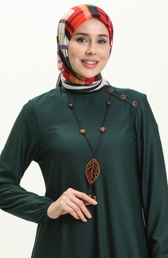 Düğme Detaylı Kolyeli Elbise 4141-05 Zümrüt Yeşili