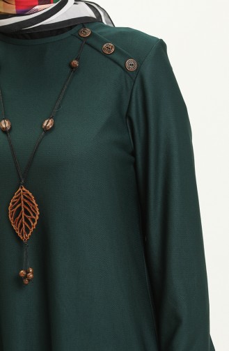 Button Detailed Necklace Dress 4141-05 Emerald Green 4141-05