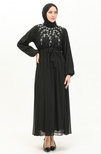 Nakışlı Şifon Elbise 24Y8891-03 Siyah