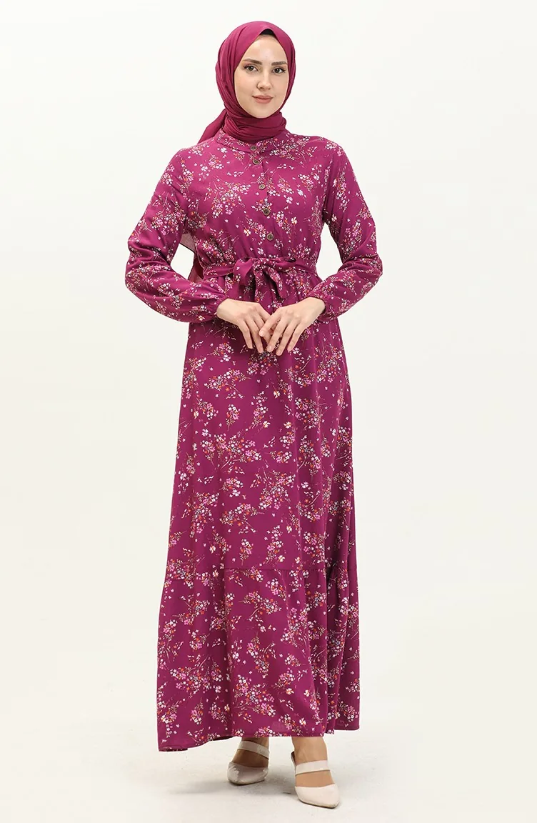 Çiçek Desenli Viskon Elbise 5068-03 Mor