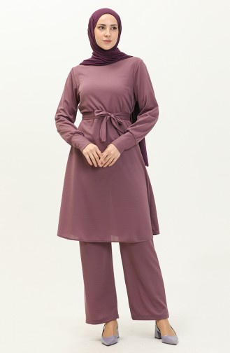 Kuşaklı Tunik Pantolon İkili Takım 0690-03 Lila