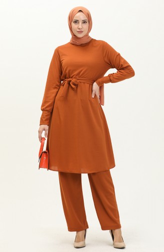 Belted Tunic Pants Two Piece Suit 0690-04 Tan 0690-04