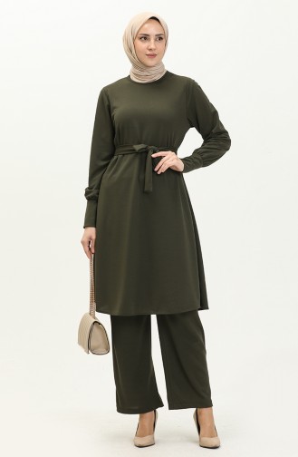 Belted Tunic Pants Two Piece Suit  0690-07 Khaki 0690-07