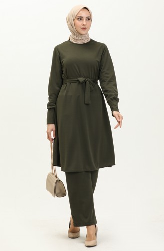 Belted Tunic Pants Two Piece Suit  0690-07 Khaki 0690-07