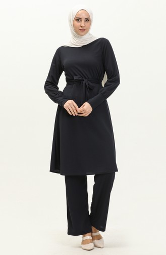 Belted Tunic Pants Two Piece Suit 0690-08 Navy Blue 0690-08