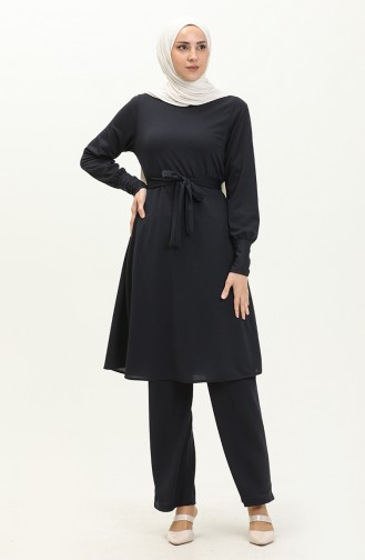 Belted Tunic Pants Two Piece Suit 0690-08 Navy Blue 0690-08