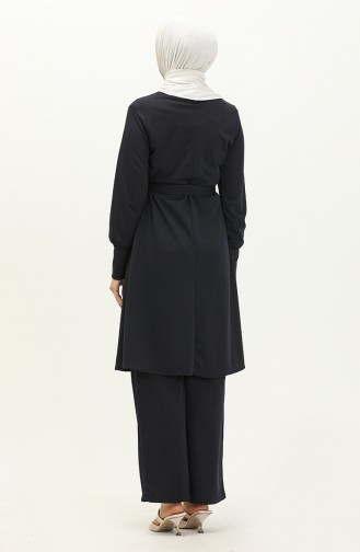 Belted Tunic Pants Two Piece Suit 0690-08 Navy Blue 0690-08