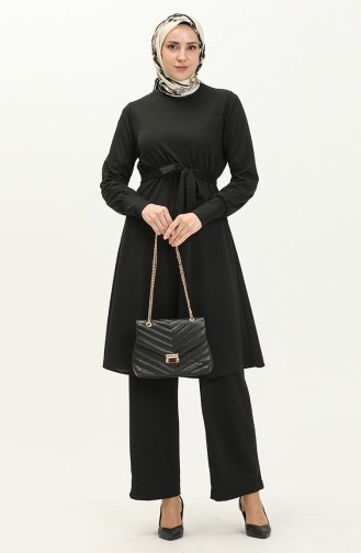 Belted Tunic Pants Two Piece Suit 0690-09 Black 0690-09