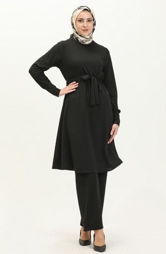 Belted Tunic Pants Two Piece Suit 0690-09 Black 0690-09