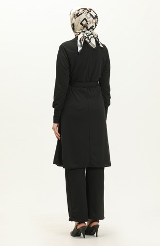 Belted Tunic Pants Two Piece Suit 0690-09 Black 0690-09