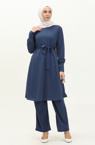 Belted Tunic Pants Two Piece Suit 0690-11 Indigo 0690-11
