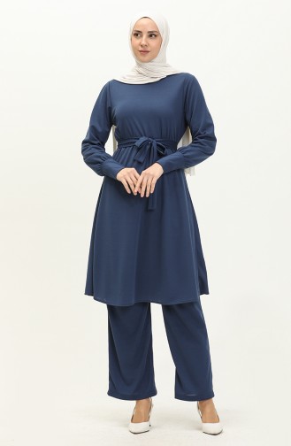 Belted Tunic Pants Two Piece Suit 0690-11 Indigo 0690-11