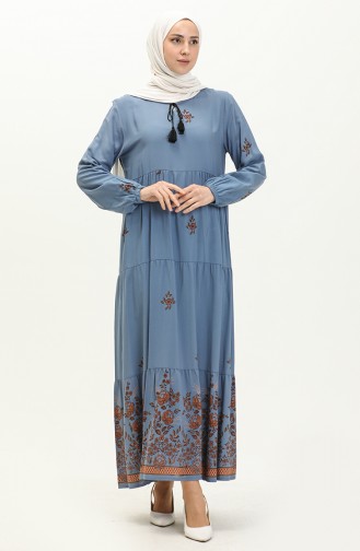 Robe en Viscose à Motifs 4083-02 İndigo 4083-02