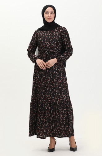 Büzgülü Kemerli Elbise 1786-01 Siyah Bordo