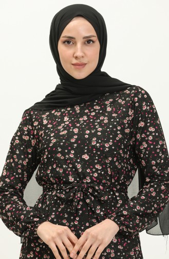 Büzgülü Kemerli Elbise 1786-02 Siyah Pembe