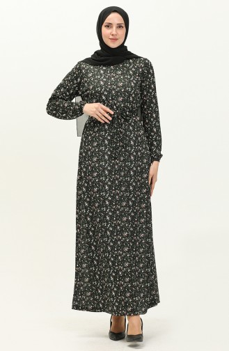 Floral Print Belted Dress 1788-02 Black 1788-02