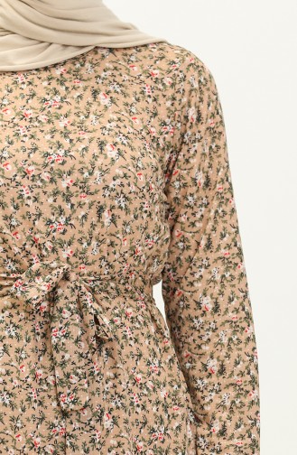 Çiçek Desenli Kuşaklı Elbise 1788-03 Vizon
