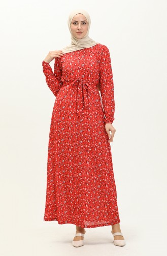 Floral Print Belted Dress 1788-04 Red 1788-04