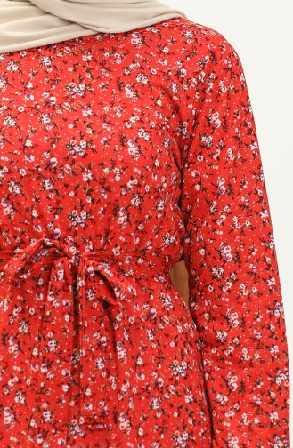 Çiçek Desenli Kuşaklı Elbise 1788-04 Kırmızı