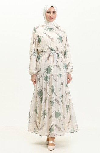Printed Belted Chiffon Dress 7006-10 Cream Khaki 7006-10