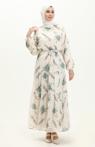 Printed Belted Chiffon Dress 7006-10 Cream Khaki 7006-10