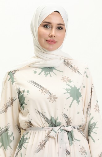 Printed Belted Chiffon Dress 7006-10 Cream Khaki 7006-10
