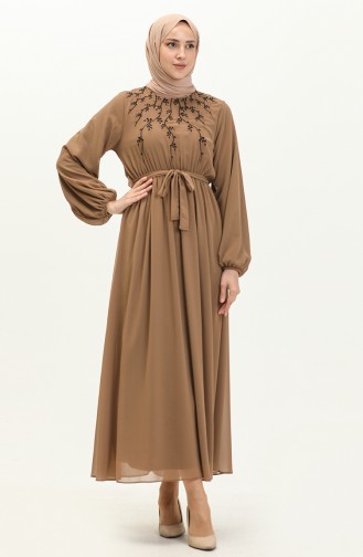 Nakışlı Şifon Elbise 24Y8891-06 Taba