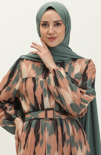 Desenli Şifon Elbise Haki 12243