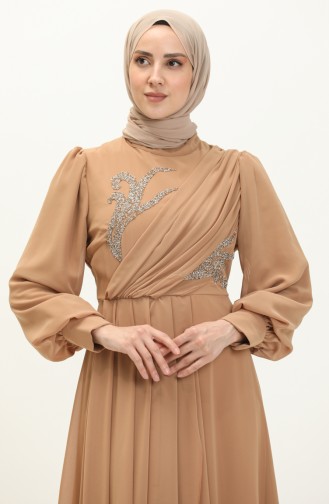 Robe de Soirée Détaillée Brodée 52868-05 Café au Lait 52868-05