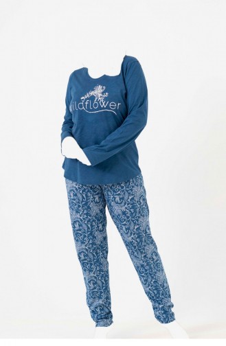 Pamuklu Büyük Beden Uzun Kol Pijama Takım Safir