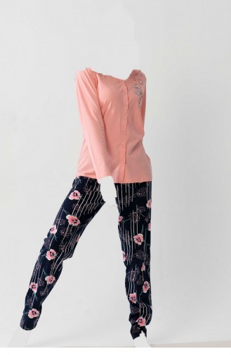 Pamuklu Tamamı Düğmeli Uzun Kol Pijama Takım Pembe