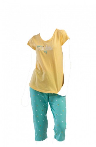 Pamuklu Kısa Kol Kaprili Pijama Takım Sarı