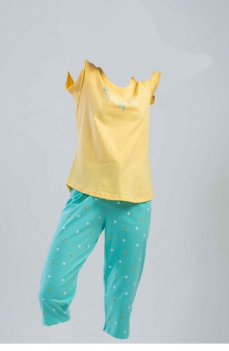 Pamuklu Kısa Kol Kaprili Pijama Takım Sarı