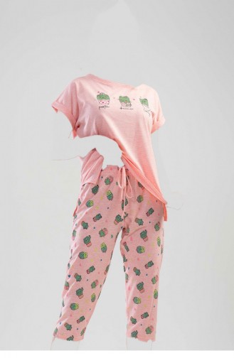 Düşük Omuzlu Double Kısa Kol Yırtmaclı Kaprili Pijama Takım Toz Pembe