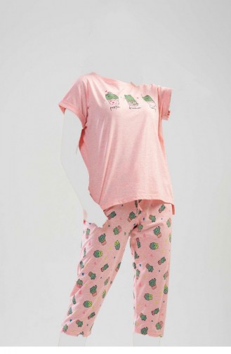 Düşük Omuzlu Double Kısa Kol Yırtmaclı Kaprili Pijama Takım Toz Pembe